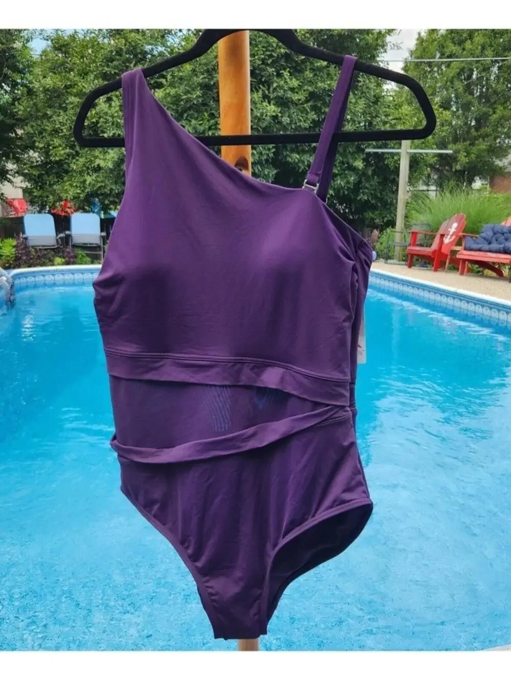 NEW Lands End Size 14 Blackberry Control Mesh Swimsuit Purple Goddess One Strap